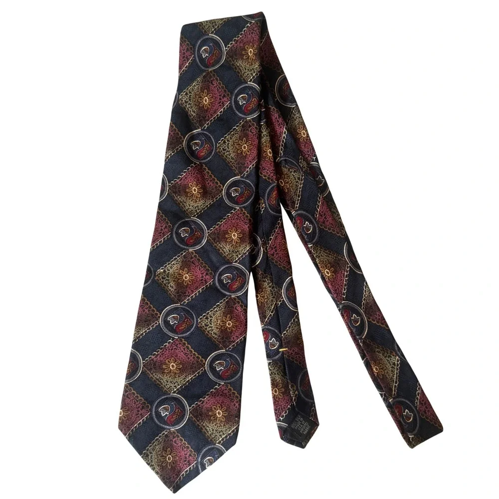 Ferracci Extra Long Silk Tie Navy Blue Burgundy Gold Geometric Medallion Vintage